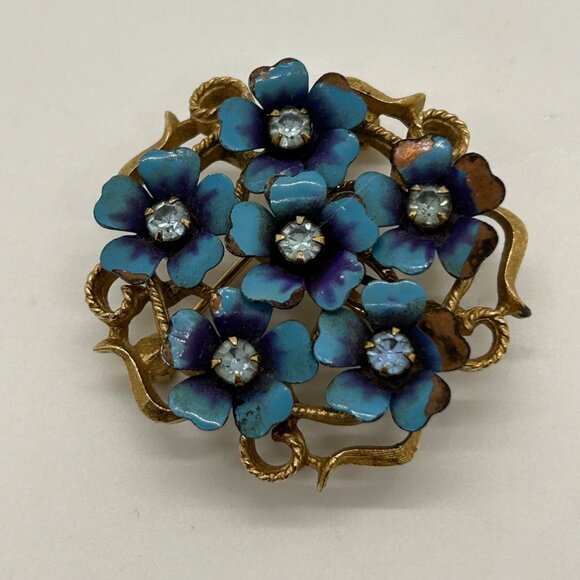 Vintage Floral Brooch Lot Blue Flower Pearl  3D Enamel Pin Rhinestones Retro - Picture 4 of 11